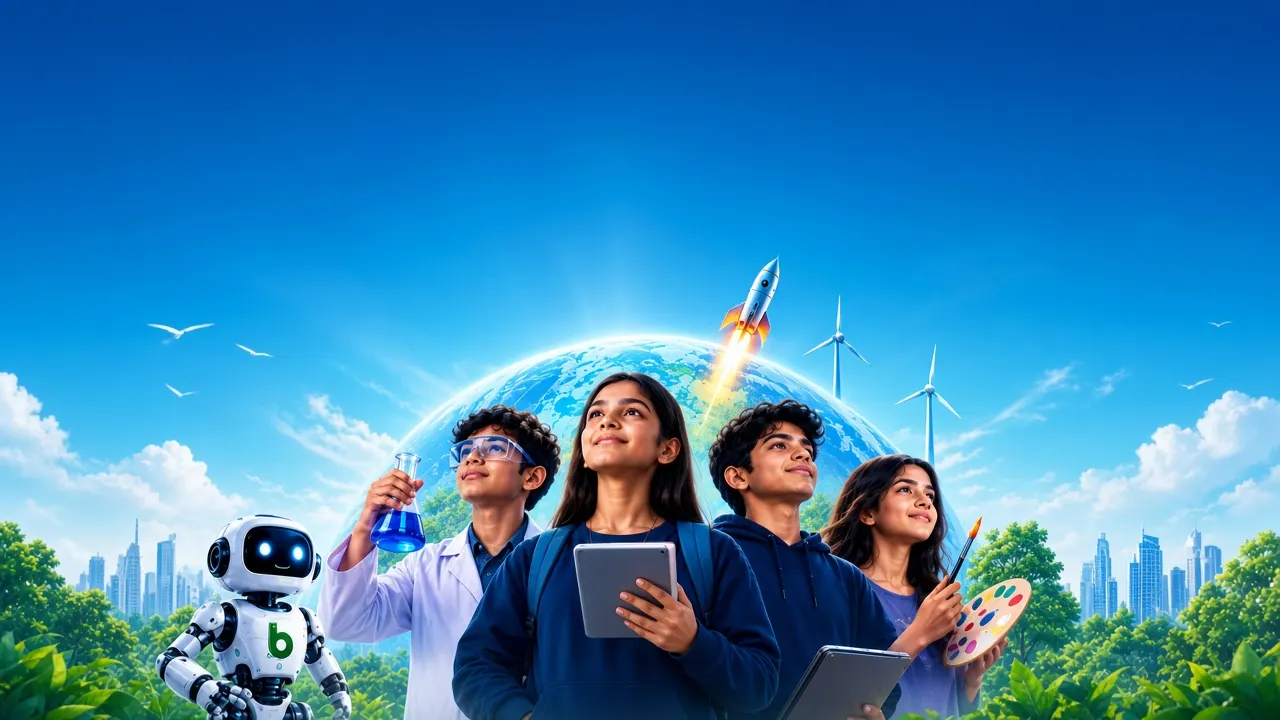 Students, a robot, and a rocket beneath a bright Earth