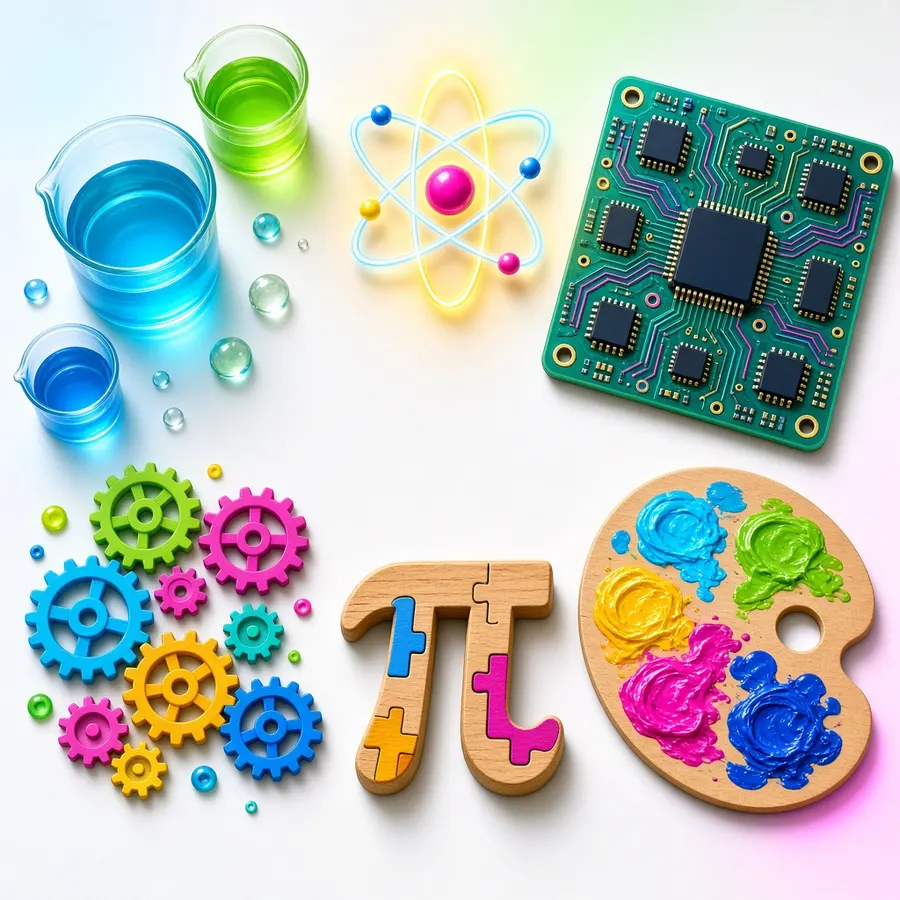 Beakers, gears, a palette, and an atom model