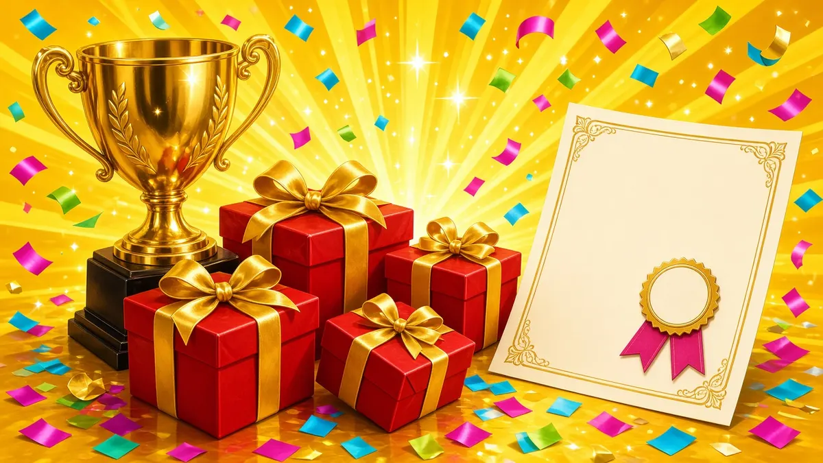 Trophy, gift boxes, and a certificate